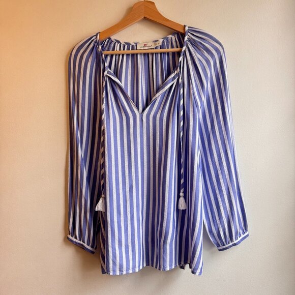Vineyard Vines Tops - Vineyard Vines Womens Blouse Small Blue & White Striped Popover Tie Neck Tassels